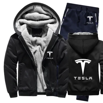 2022 Мъжки Блузи С Логото на Автомобил Tesla, Мъжки Блузи, Костюми, Зимна Топла Топъл, мек вълнен плат памук Спортен Костюм с Цип, Мъжко Яке + Панталон, Комплекти