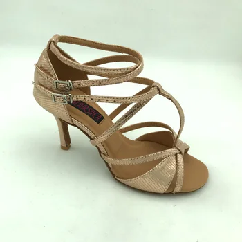 женски обувки За латино танци На висок ток 8,5 cm, обувки за салса, практически обувки, удобни обувки за латино танци MSL6232LGL от естествена кожа