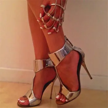 НОВИ Сандали 10 см Сребрист цвят с Модерен Тобразным каишка, женски фини обувки на висок ток с дълбоко пръсти, дамски летни Модел сандали от лачена кожа
