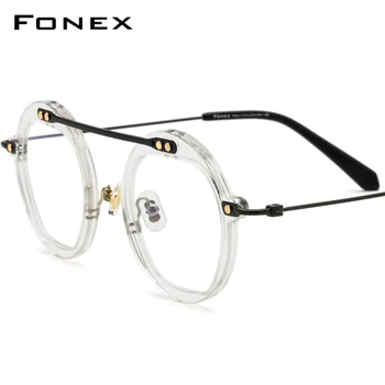 FONEX Ацетатные Титанови Точки Мъжки 2021 Нови Ретро Полигональные Прозрачни Очила По Рецепта на Дограма Женски Оптични Очила F85678
