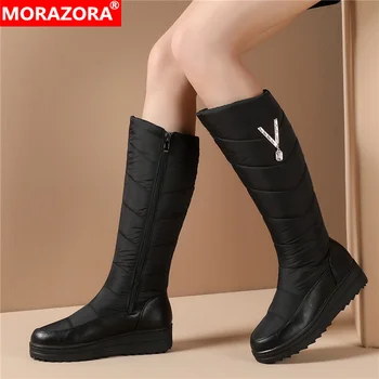 MORAZORA/2022, Русия, ново записване, зимни зимни обувки, женски изолирана обувки на равна платформа с кристали и мълнии, дамски ботуши до коляното