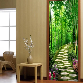 Papel de parede Каменна път и красиви бамбукови цветя, стикера на вратата, стенни боядисване, тапети за спалнята, декорация на дома