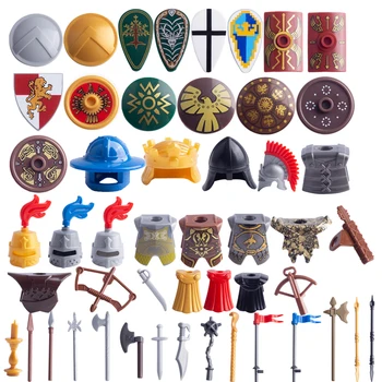 Средновековно Оръжие Строителни Блокове Фигурки Част Рицар Римска Печат Тухли Каска Меч Фиги Аксесоари са Съвместими с Играчки Изображение 2