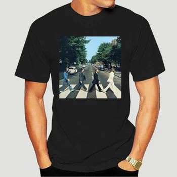 Къса Памучен Мъжка Тениска с Кръгло деколте и Покриване на Албума Abbey Road, Черна, 5196X