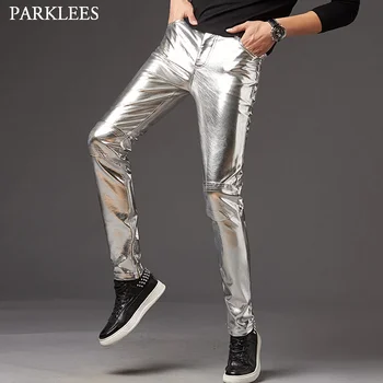 Сребърен блестящ мотоциклет ПУ кожени панталони мъжки марка слаб диско Хелоуин панталони мъжки абитуриентски етап певицата костюм панталони