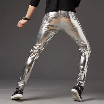 Сребърен блестящ мотоциклет ПУ кожени панталони мъжки марка слаб диско Хелоуин панталони мъжки абитуриентски етап певицата костюм панталони Изображение 2