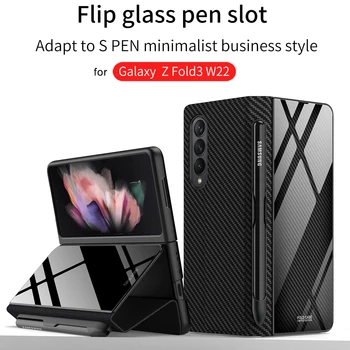 Луксозен Стъклен Калъф за Телефон със Сгъваща се Стойка за Samsung Galaxy Z Fold 3 5G Fold3 Калъф с Притежателя на Химикалки Броня устойчив на удари Защитен Калъф
