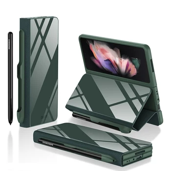 Луксозен Стъклен Калъф за Телефон със Сгъваща се Стойка за Samsung Galaxy Z Fold 3 5G Fold3 Калъф с Притежателя на Химикалки Броня устойчив на удари Защитен Калъф Изображение 2
