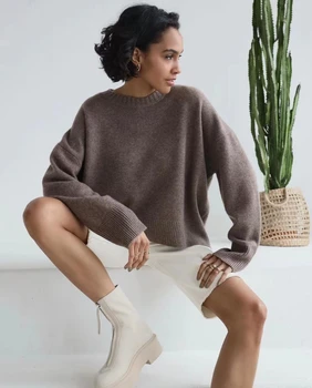 Дамски дрехи pull femme е 100% кашмир обикновен пуловер, пуловер, безплатно, размер голям, кръгъл отвор, зимен пуловер, жена Изображение 2