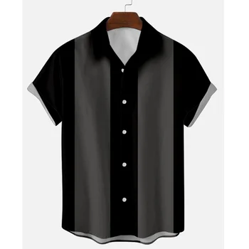 Шарени Ризи за Мъже, Ризи с копчета, Блуза, с Къс Ръкав, Мъжки Риза 50-те години, Вертикални Ризи Размер Плюс S-6XL, Мъжки Ризи за боулинг Изображение 2