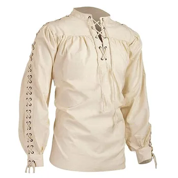 Feitong Средновековния Ренесанс Младоженците Мъжка Риза Обогатяване С Дълъг Ръкав Бяла Риза Ленени Ризи За Мъже На Средна Възраст Готически Човек