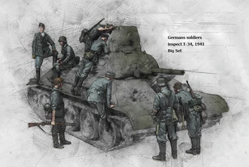 1/35 Мащаб Смола Фигурки Модел на германски войници проверяват на Т-34 8 души, GK в разглобено формата на неокрашенный