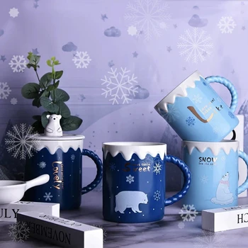 3D Бяла мечка Чаша С Капак, лъжица Чаши за Кафе И Чаши Керамични Творчески Мультяшные мечки Кафеена Чаша Чаена Чаша Изображение 2