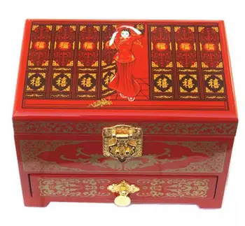 Китайска Ръчна Работа 21x14x15 см Дървена Ковчег За Бижута 3 Слоя Сватбена Снимка на Булката Кутия За Съхранение на Дисплея Прекрасен Подарък Контейнер Калъф