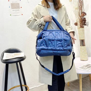 Нов Стил, Пухени чанти на рамо, Модерен Универсална Чанта Голям капацитет, с релефни, памучен чанта-тоут, дамски чанти-Месинджър Изображение 2