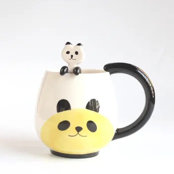 Чашата за кафе с ръчно рисувани, Златна панда/Frog/Котка/Прасе, Керамична Чаша, Чаена чаша с една чаена лъжица