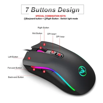 HXSJ нова жичен мишката 6 файлове с регулируема резолюция от 7 клавиш за програмиране на макроси детска мишката RGB light офис PC лаптоп за черен цвят Изображение 2