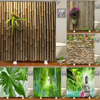 Висококачествен Зелен Бамбук Плат Завеса За Душ Водоустойчив листата на растенията Завеси за Баня, украсена с 12 Куки