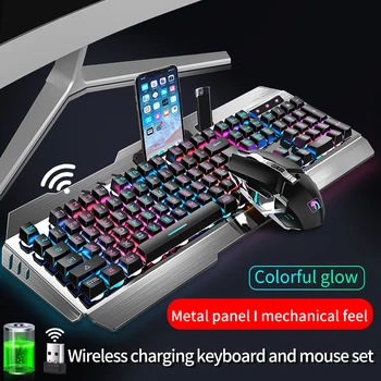Клавиатура и Мишка, Безжична Комплект Pc Gaming, Led, Метални Панел Плаващи Капачки за Ключове Акумулаторна батерия за Геймъри CSGO