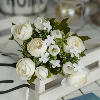 28 см 5 Клона на 10 глави Червен Бяла Роза Коприна Букет от Изкуствени Цветя на Булката Сватбена Украса на Дома Цветя Европейски Стилове