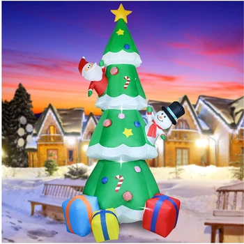 Коледна Надуваема Зелена Коледна Елха 7 фута с вграден LED, Надуваеми Играчки, Надуваеми Елха с Разноцветни Подарочными Кутии, Звезда