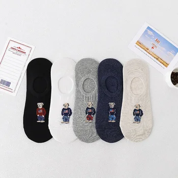 5 двойки 5-цветни нови мъжки памучни летни чорапи с анимационни мечка, невидими, леки, дишащи, абсорбиращи потта, за каране на лодка, Изображение 2