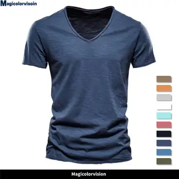 Брандираната Качествена Мъжка тениска от 100% Памук с V-образно деколте, с Модерен Дизайн, Приталенные тениски Soild, Мъжки Блузи, тениски, тениски С Къс ръкав За Мъже