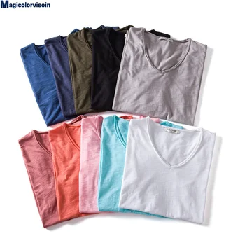 Брандираната Качествена Мъжка тениска от 100% Памук с V-образно деколте, с Модерен Дизайн, Приталенные тениски Soild, Мъжки Блузи, тениски, тениски С Къс ръкав За Мъже Изображение 2