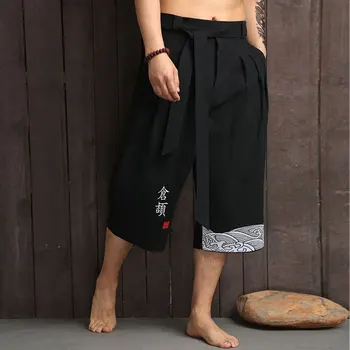 Японското Кимоно Традиционните Плажни Панталони Мъжки Азиатски Облекло Баня Панталони Ежедневните Свободни Мъжки Ленени Скъсяване На Панталони Юката Изображение 2
