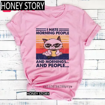 Летни тениски за момичета на 90-те години, женска тениска Camping Cat I Hate Morning People и Mornings and People, Забавна тениска с принтом, директна доставка Изображение 2