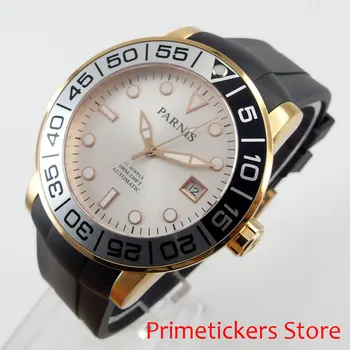 42 мм PARNIS Черно-бял bezel златно покритие, сапфирен кристал, кожена каишка мъжки часовник автоматично