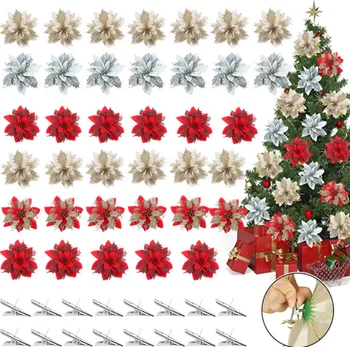 5шт 14 см Коледно Цвете Изкуствени Цветя, Коледно Дърво Украшение Коледна Висулка Домашен Коледен Подарък Начало Декор (с рафт)