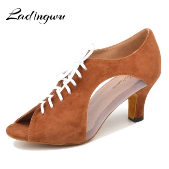 Ladingwu/ Фланелен и мрежести танцови обувки за латино танци, танцови обувки за салса, Червени дамски бални обувки за танци, мека подметка, ток 5/6/7 см