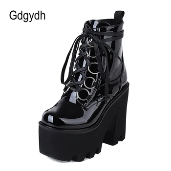 Gdgydh/ Черни дамски обувки в готически стил; Модерни ежедневни обувки; дамски обувки на блок ток; Ботильоны платформа; Отлично качество; по-Големи Размери
