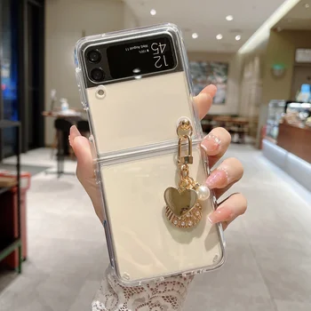 Прозрачен Сгъваем Калъф за Samsung Galaxy Z Flip 3 4 5 ГРАМА с Перлената Отложено във формата на Миди Калъф За Смартфон Твърд Калъф за вашия Телефон от КОМПЮТЪР устойчив на удари Калъф