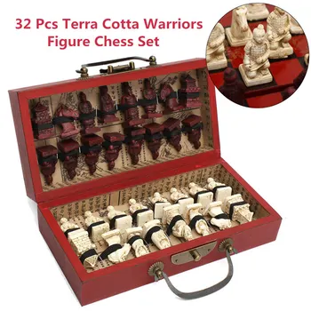 Китайска Дървена Кожена Кутия С 32 Фигурки от Теракота, Шахматен Комплект, Забавни Шашки, Шах, Традиционни Игри