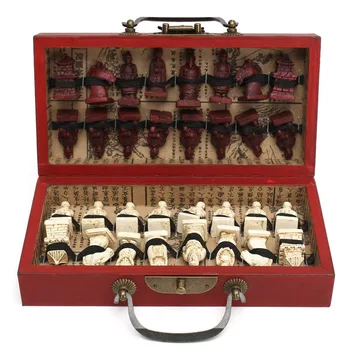 Китайска Дървена Кожена Кутия С 32 Фигурки от Теракота, Шахматен Комплект, Забавни Шашки, Шах, Традиционни Игри Изображение 2