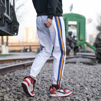2020 Мъжки Ежедневни Памучни панталони с украса във вид на лента, Спортни Панталони, Разтеглив, Зреещи в стил хип-хоп, Фини и висококачествени Панталони, размер M-3XL Изображение 2